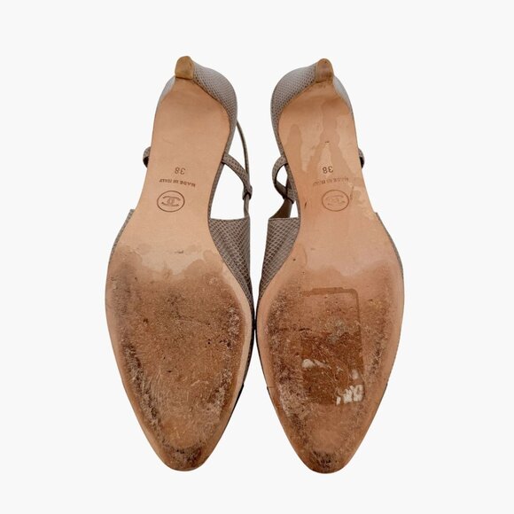 Chanel CC Cap Toe Slingback Kitten Pumps Heels Taupe Leather Size 38 US 7-7.5 - Picture 13 of 16
